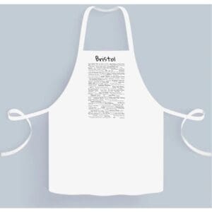 A white apron with some writing on it