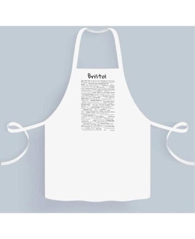 A white apron with some writing on it