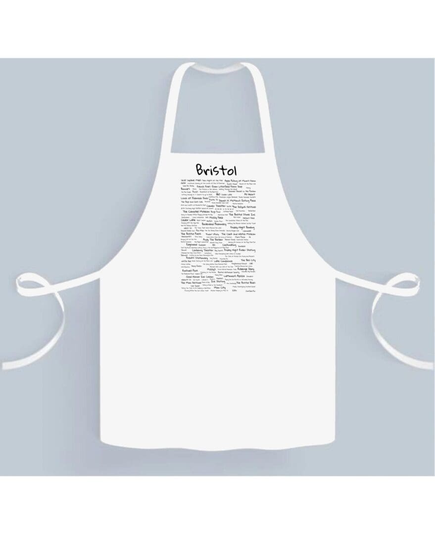 A white apron with some writing on it