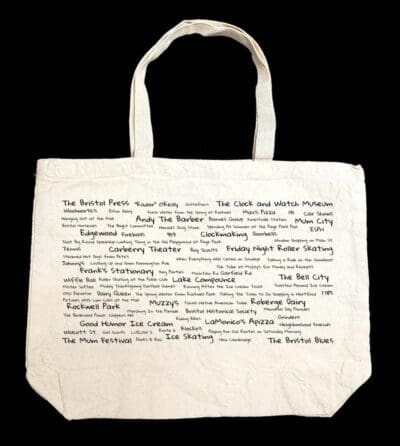 A white bag with many words written on it