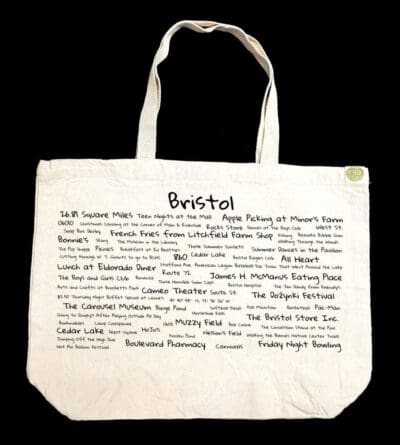 A bag with the names of bristol 's famous places.