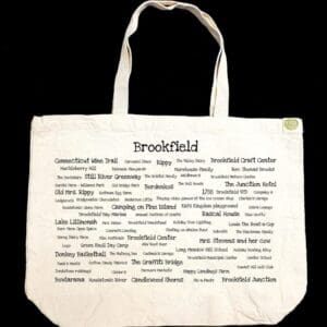 A bag with many words written on it