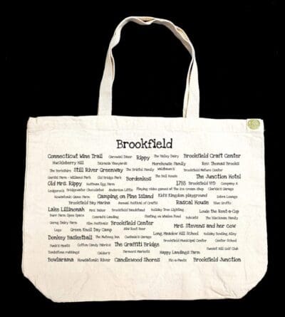 A bag with many words written on it