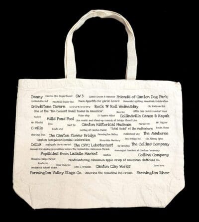 A bag with many words written on it