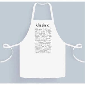 A white apron with a picture of chesire on it.