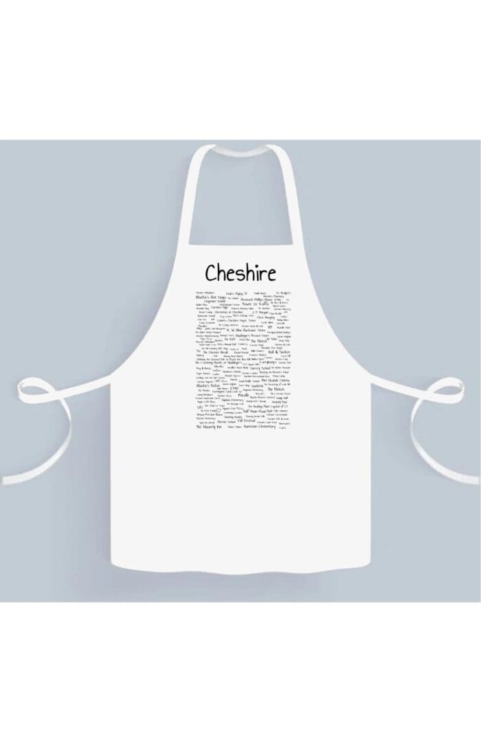 A white apron with a picture of chesire on it.