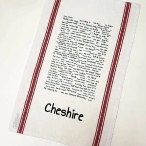 A tea towel with the name of cheshire written on it.