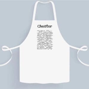 A white apron with the name cheviker written on it.