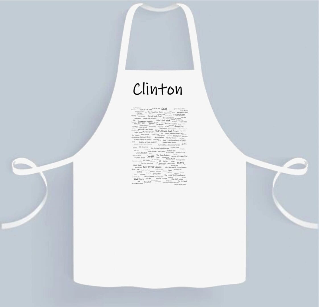 A white apron with clinton written on it.