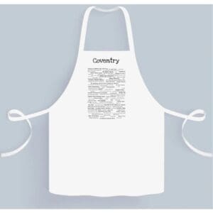 A white apron with some writing on it