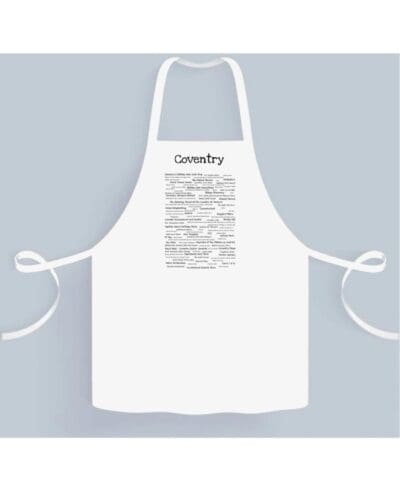 A white apron with some writing on it