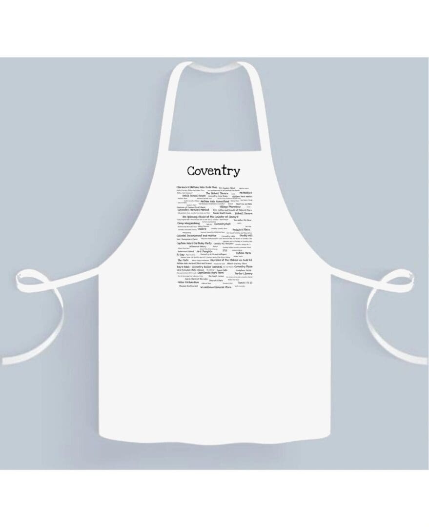 A white apron with some writing on it