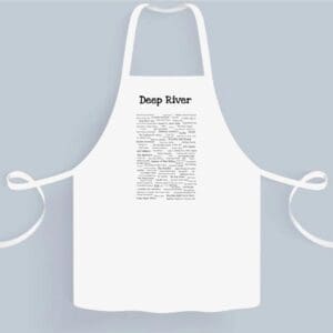 A white apron with the words deep winter written on it.