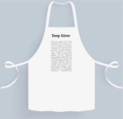 A white apron with the words deep winter written on it.