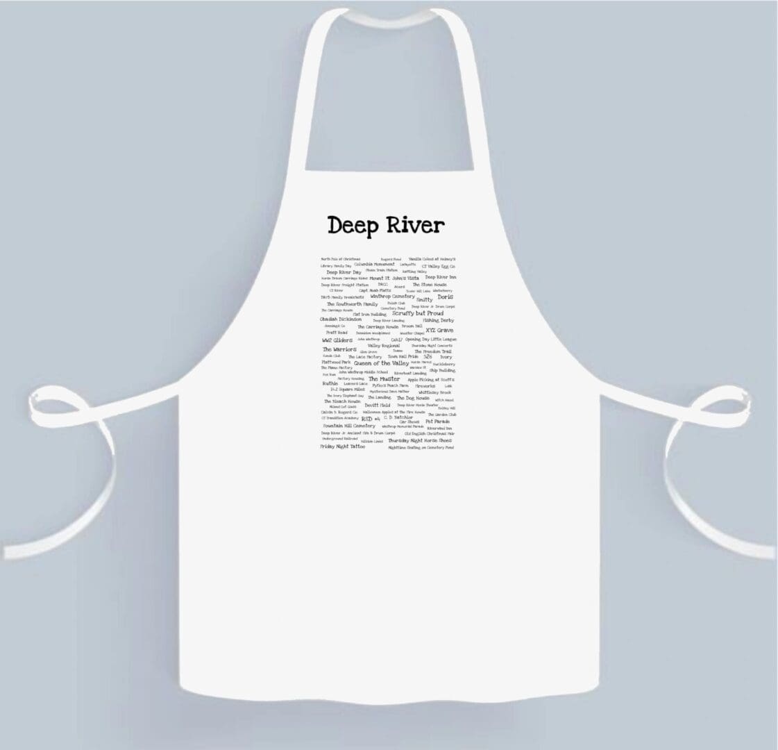 A white apron with the words deep winter written on it.