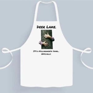 A white apron with an image of a person holding something.