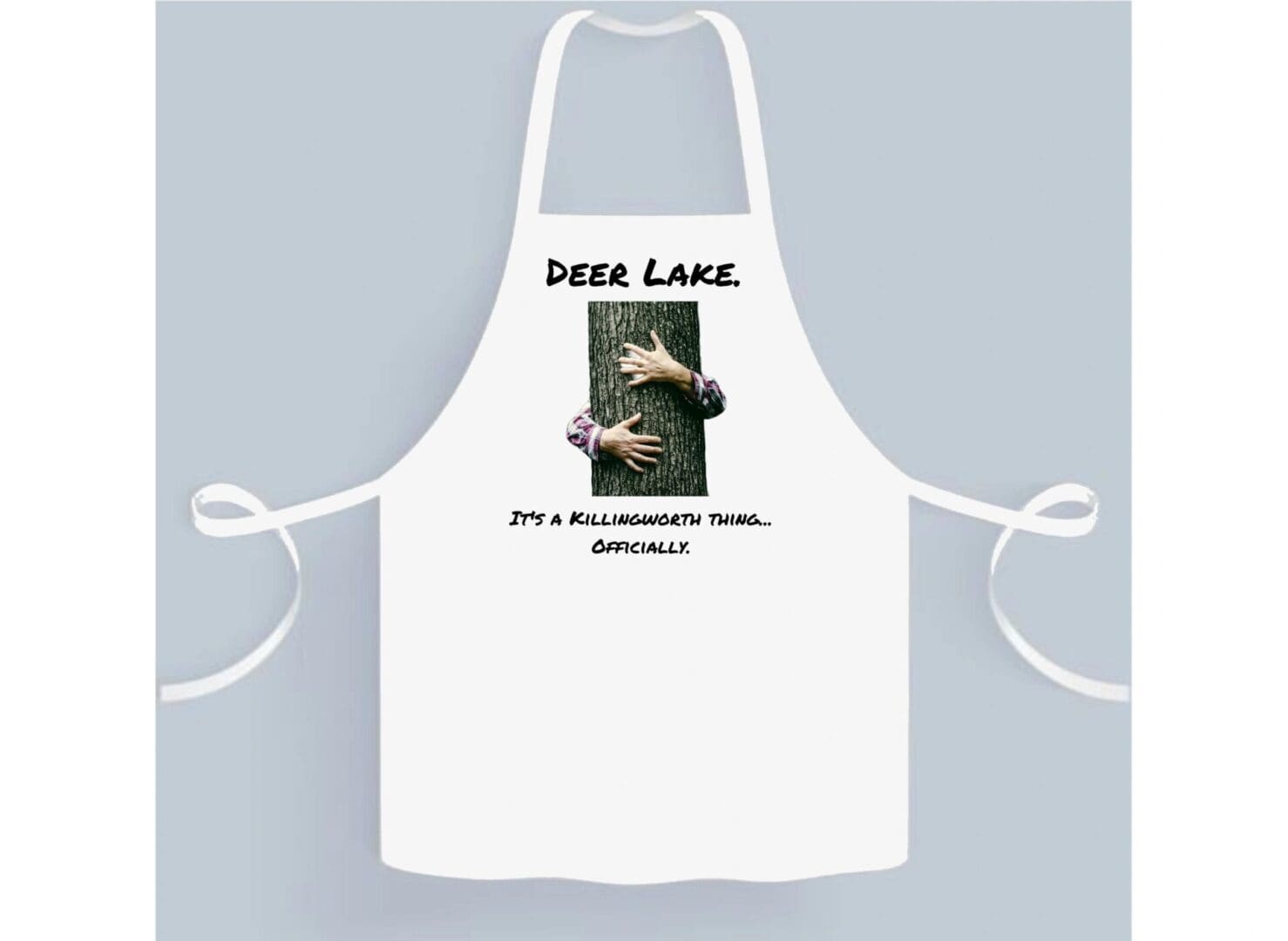 A white apron with an image of a person holding something.