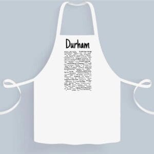 A white apron with durham written on it.