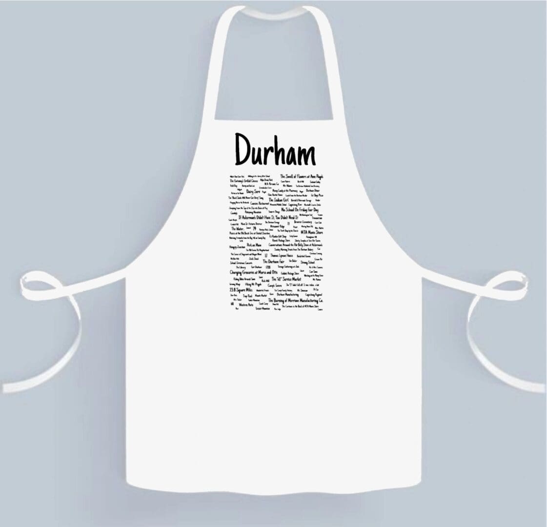 A white apron with durham written on it.