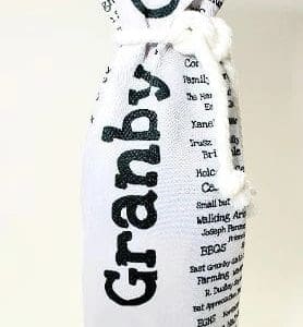 A bottle of wine with the name granby written on it.