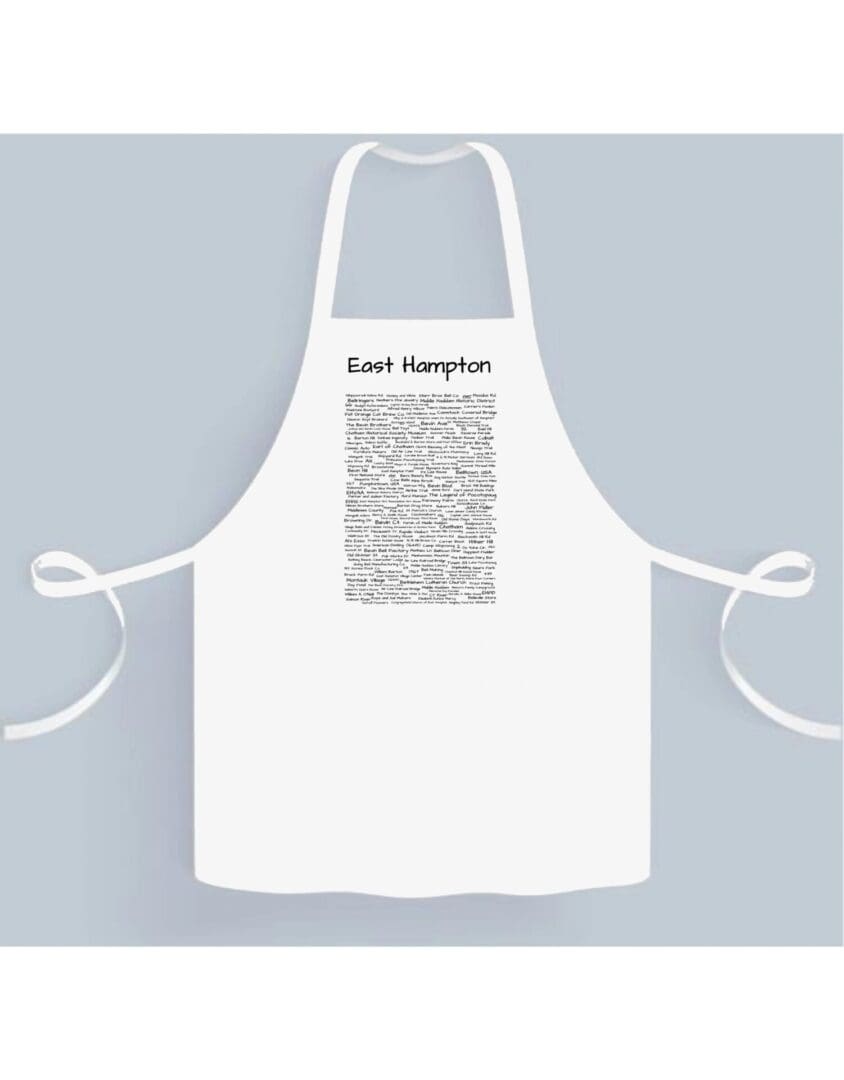 A white apron with some words on it