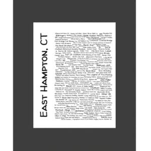 A black frame with an image of the words east hampton, ct.