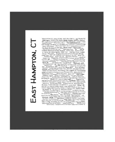 A black frame with an image of the words east hampton, ct.