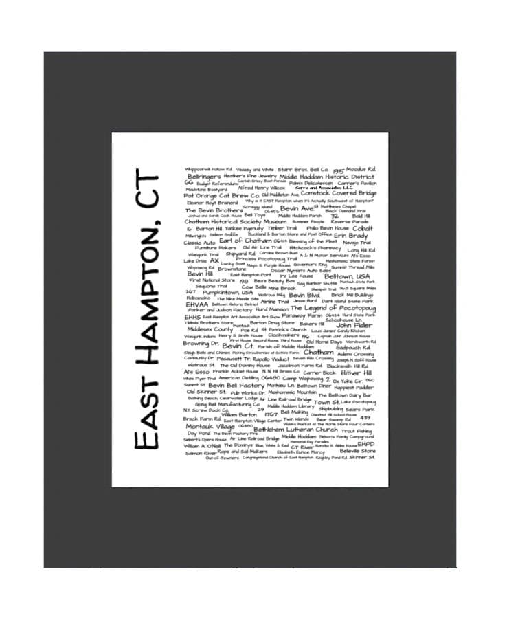 A black frame with an image of the words east hampton, ct.