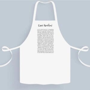 A white apron with some writing on it