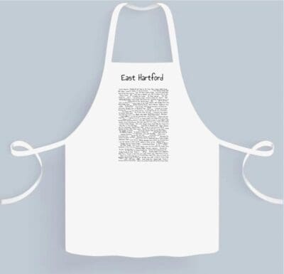 A white apron with some writing on it