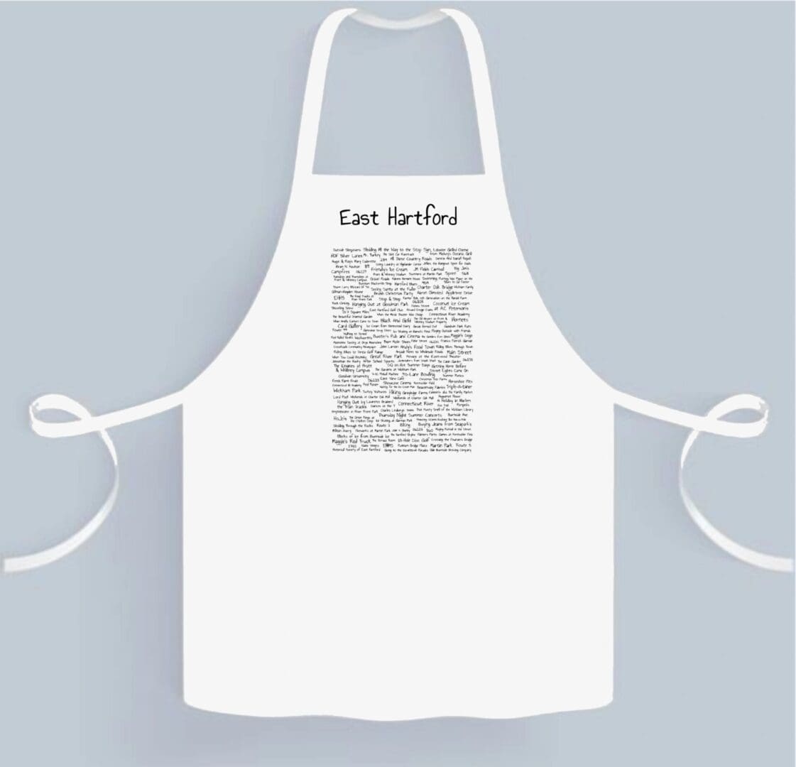 A white apron with some writing on it