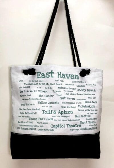 A bag with many different words written on it