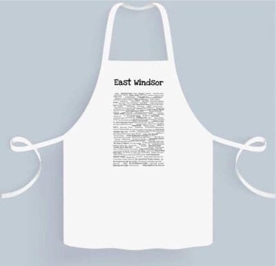 A white apron with the words " duff webster ".