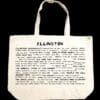 The front half of a canvas tote bag featuring fun trivia about Ellington!
