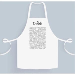 A white apron with the name of enfield written in black.