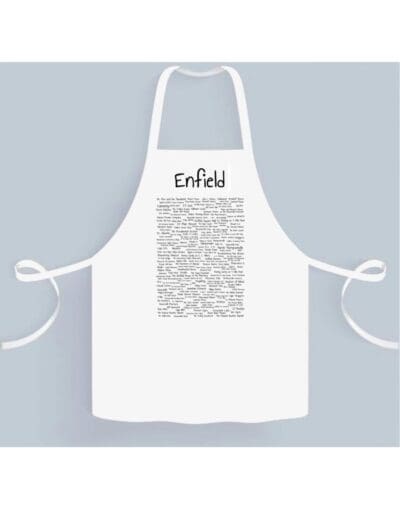 A white apron with the name of enfield written in black.