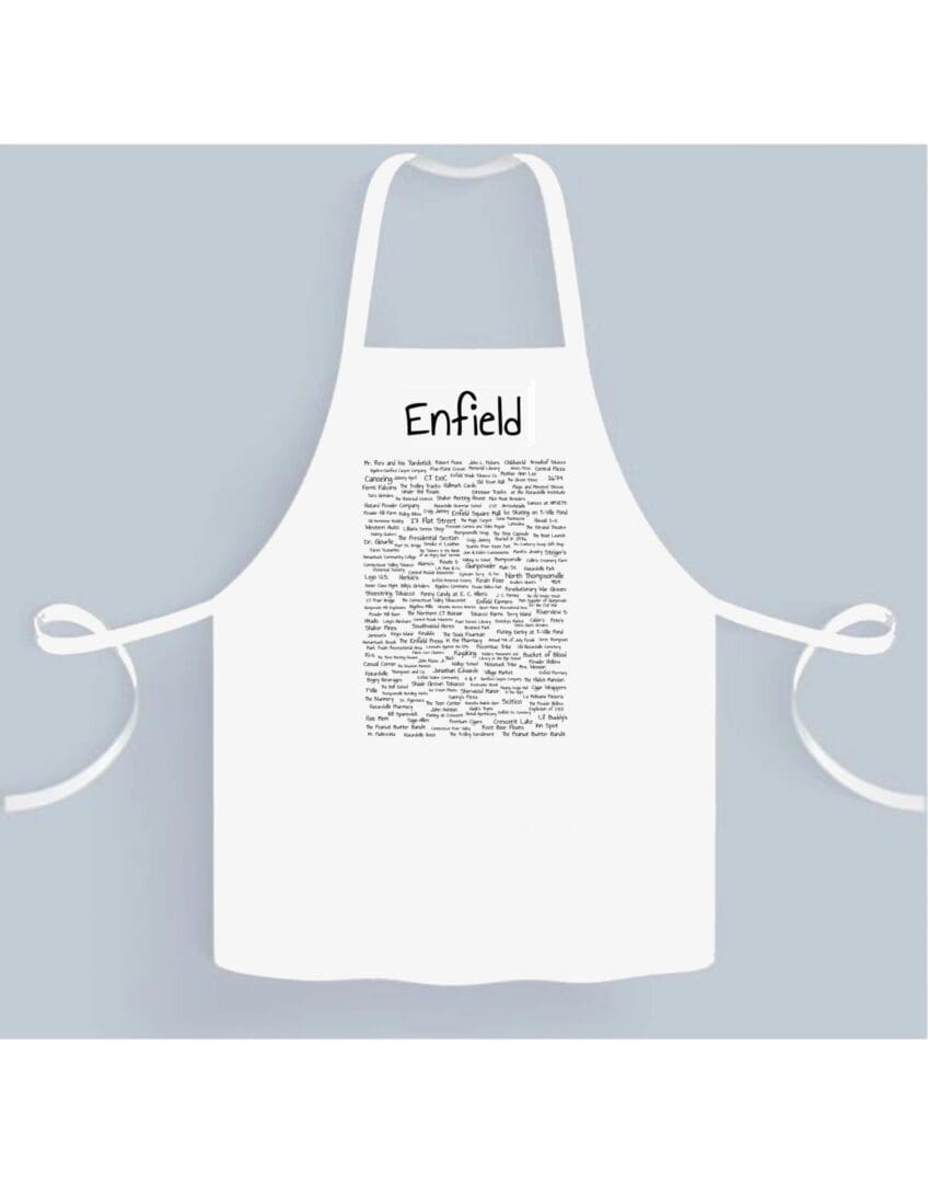 A white apron with the name of enfield written in black.