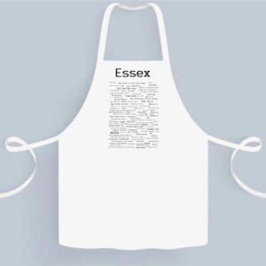 A white apron with the word essen written on it.