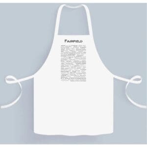 A white apron with the name of fairfield written in black.