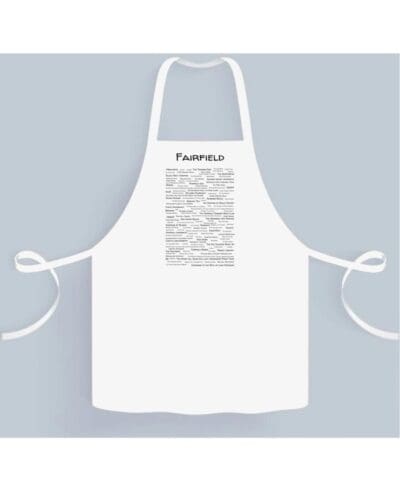 A white apron with the name of fairfield written in black.