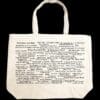 The back half of a canvas tote bag featuring fun trivia about Glastonbury!