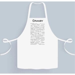 A white apron with the word gourmet written on it.