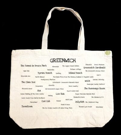 The front half of a canvas tote bag featuring fun trivia about Greenwich!