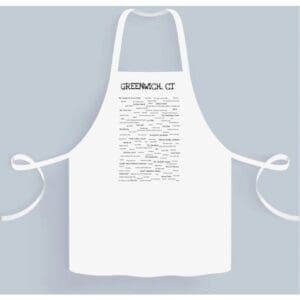 A white apron with a black and white image of the back.