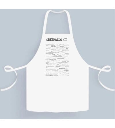 A white apron with a black and white image of the back.