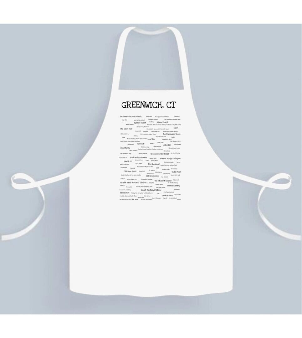 A white apron with a black and white image of the back.