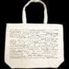 The back half of a canvas tote bag featuring fun trivia about Griswold!