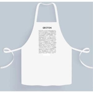 A white apron with an image of the word " boston ".