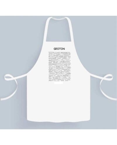 A white apron with an image of the word " boston ".