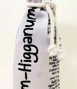 A white bag with black writing on it